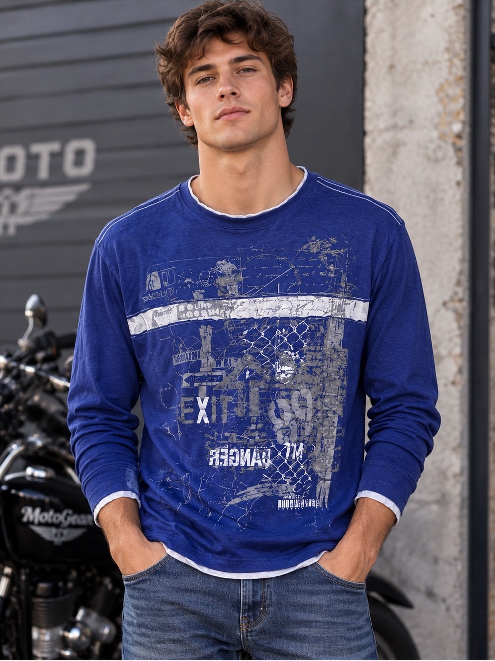 MotoGear Men's Long Sleeve Graphic Shirt - Blue